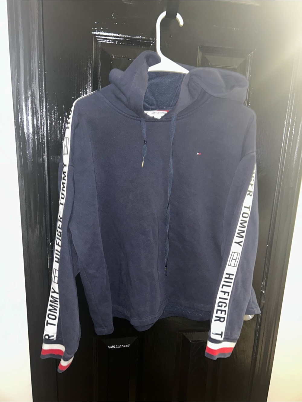 Tommy Hilfiger Navy Pullover Hoodie with Branded Sleeve Tape